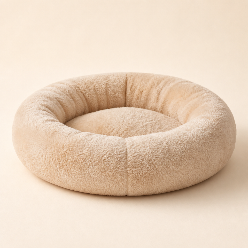 Cudli Calming Donut Pet Bed in cream, studio product photograph