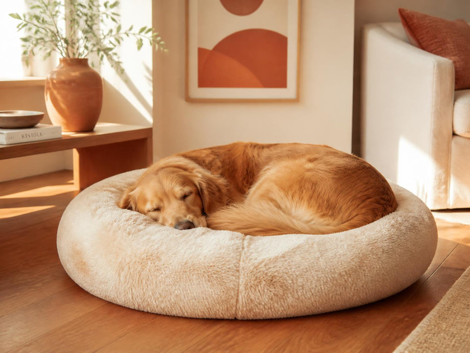Golden retriever asleep in a cream Cudli calming donut pet bed