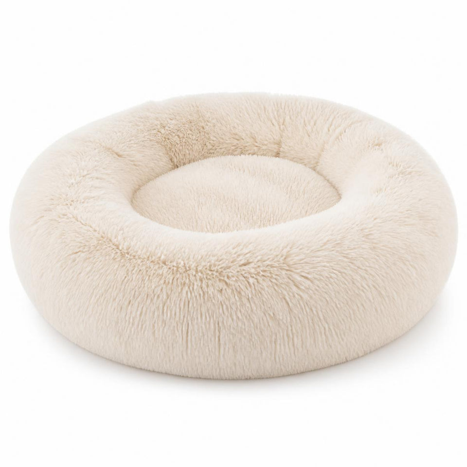 Cudli calming donut pet bed in cream faux fur