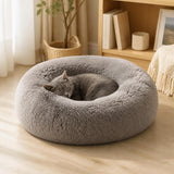 Grey cat curled asleep in a grey Cudli calming donut pet bed